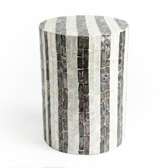 Full view of cylindrical mosaic side table on white background