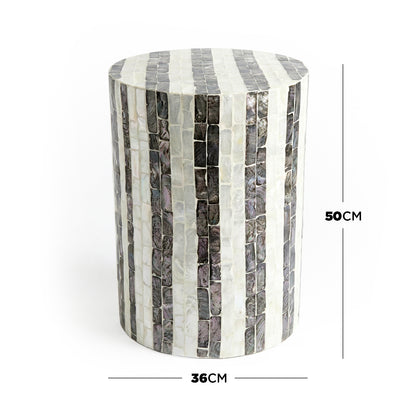 Full view of cylindrical side table on white background with dimensions labeled