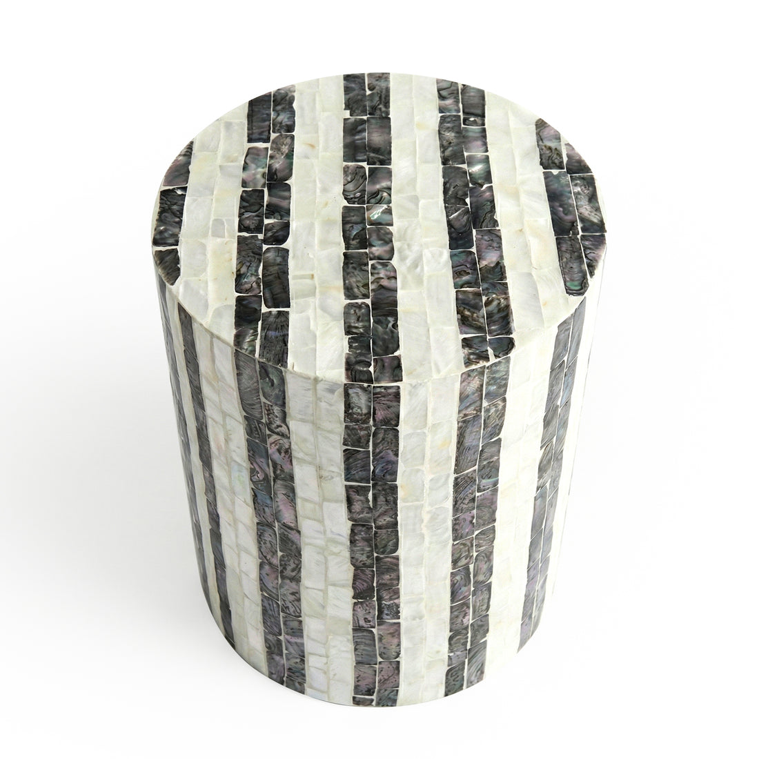 Cylindrical side table with vertical mosaic stripes on white background