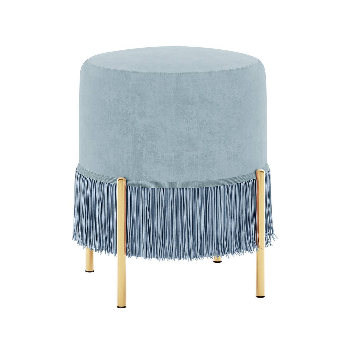 Stacey Tassled Velvet Ottoman Foot Stool in Blue features light blue-grey velvet upholstery, a fringe skirt, and polished brass-tone legs, blending plush comfort with elegant metallic accents.