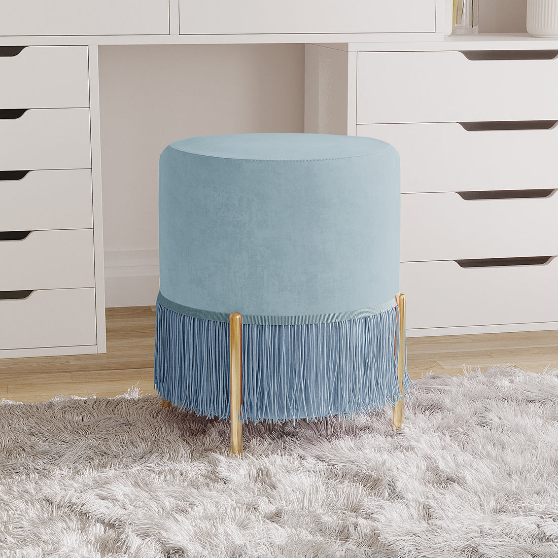 Stacey Velvet Stool with Tassels in Blue