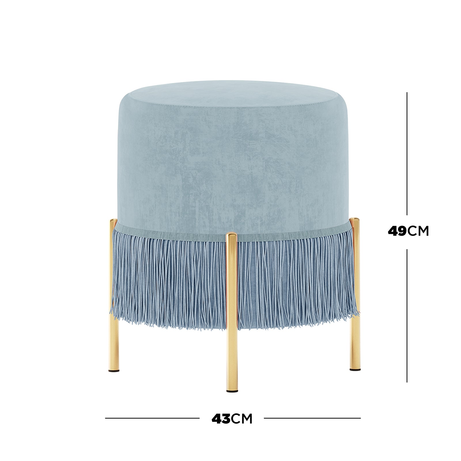 Stacey Tassled Velvet Ottoman Foot Stool in Blue features soft pale-blue upholstery with fringe trim and gold-finished legs, blending elegance and functionality in a compact design.