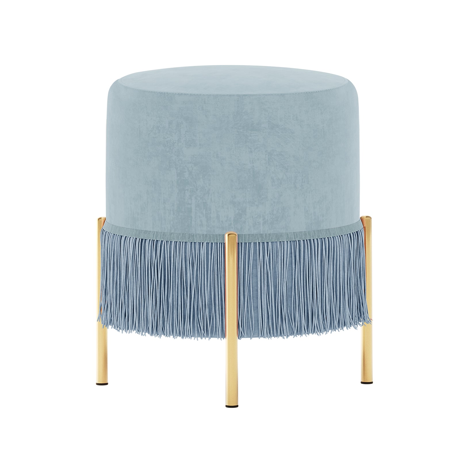 Stacey Tassled Velvet Ottoman Foot Stool in Blue, featuring pale-blue velvet upholstery with fringe, four gold-tone cylindrical legs, and plush padding, ideal for adding elegance and functionality to any room.