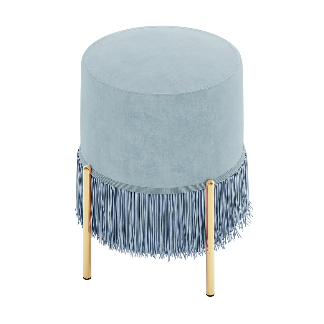 Stacey Tassled Velvet Ottoman Foot Stool in Blue with plush blue velvet upholstery, fringe tassels, and three slender gold-finished legs, offering a stylish, versatile accent for any room.