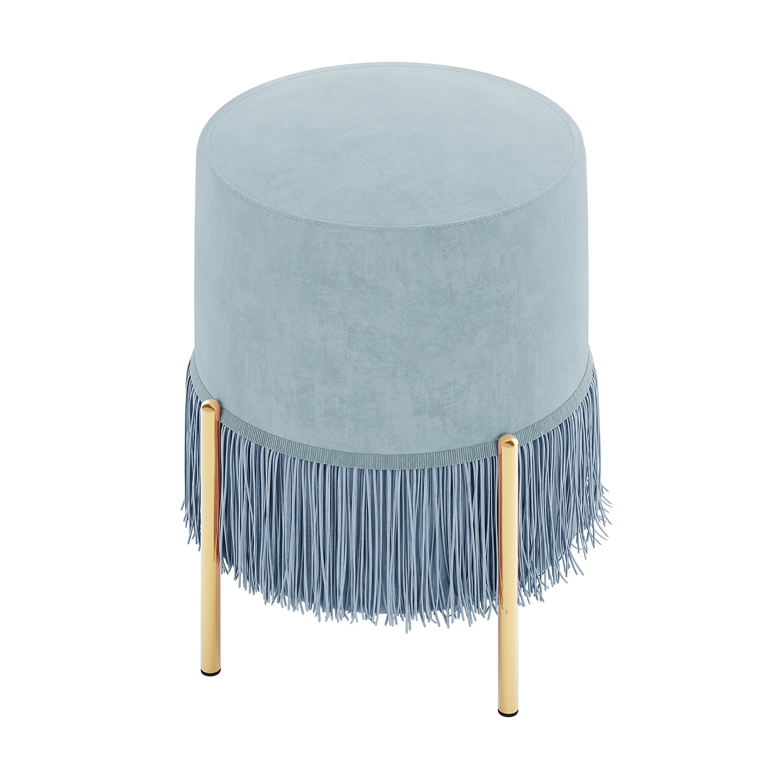 Stacey Tassled Velvet Ottoman Foot Stool in Blue with plush blue velvet upholstery, fringe tassels, and three slender gold-finished legs, offering a stylish, versatile accent for any room.