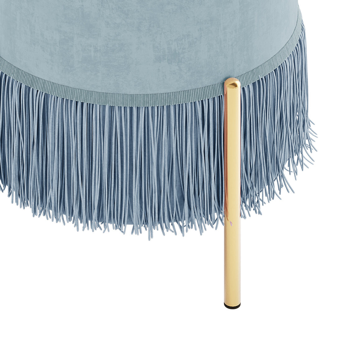Stacey Tassled Velvet Ottoman Foot Stool in Blue features soft blue velvet upholstery with fringe tassels and a sleek gold-toned leg, offering a luxurious yet functional accent piece for any room.