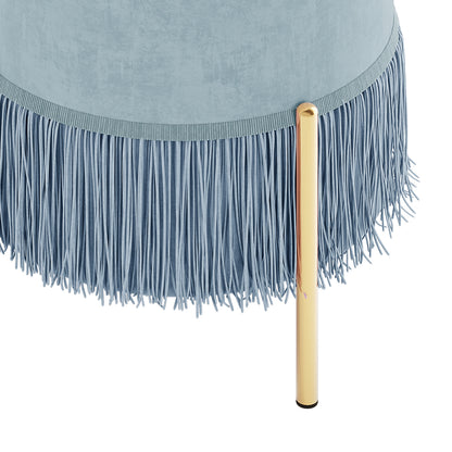 Stacey Tassled Velvet Ottoman Foot Stool in Blue features soft blue velvet upholstery with fringe tassels and a sleek gold-toned leg, offering a luxurious yet functional accent piece for any room.