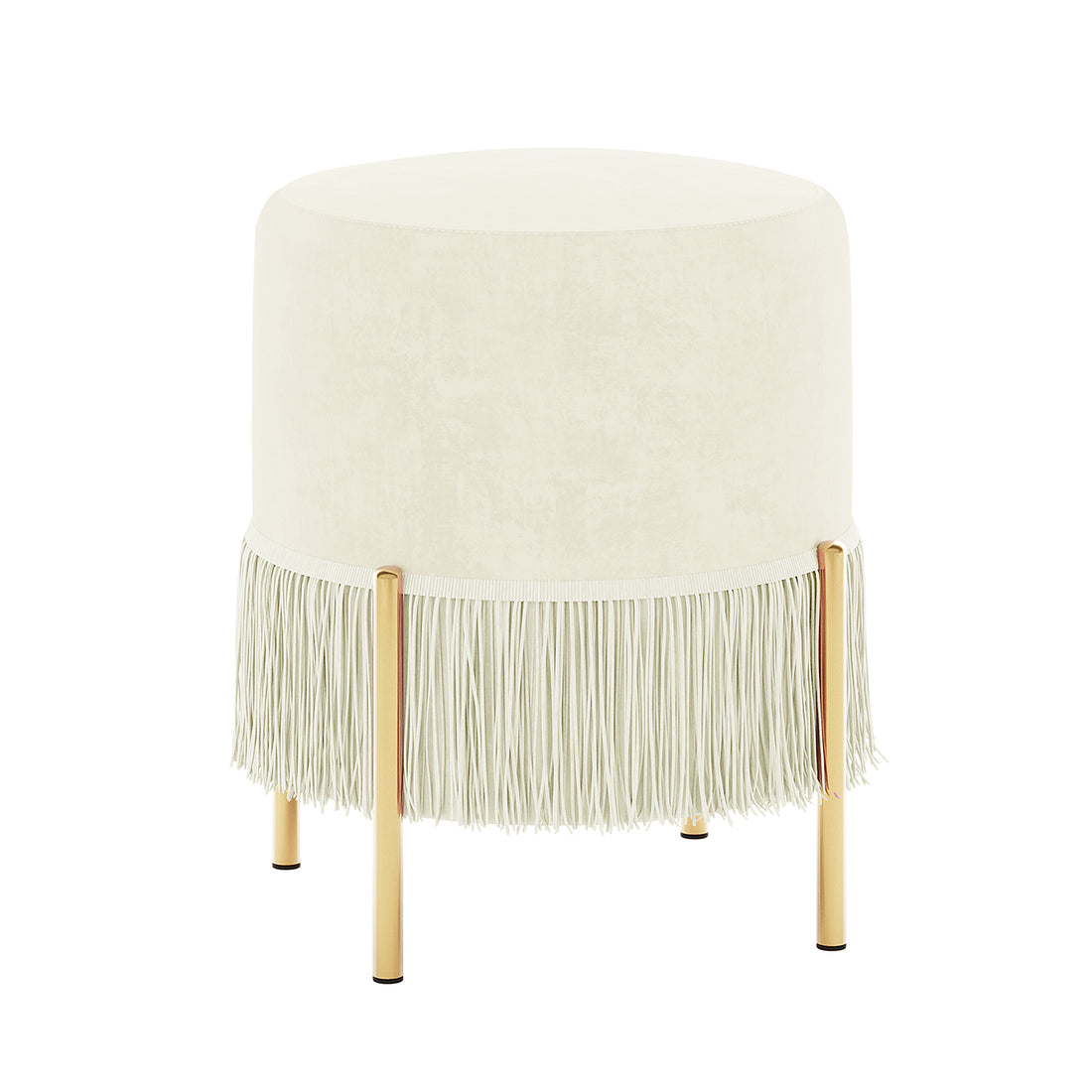 Stacey Tassled Velvet Foot Stool Ottoman in Cream, featuring a cylindrical design with cream velvet upholstery, decorative fringe trim, and gold-tone metal legs, perfect for elegant accent seating or a footrest.