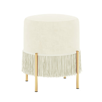 Stacey Tassled Velvet Foot Stool Ottoman in Cream, featuring a cylindrical design with cream velvet upholstery, decorative fringe trim, and gold-tone metal legs, perfect for elegant accent seating or a footrest.