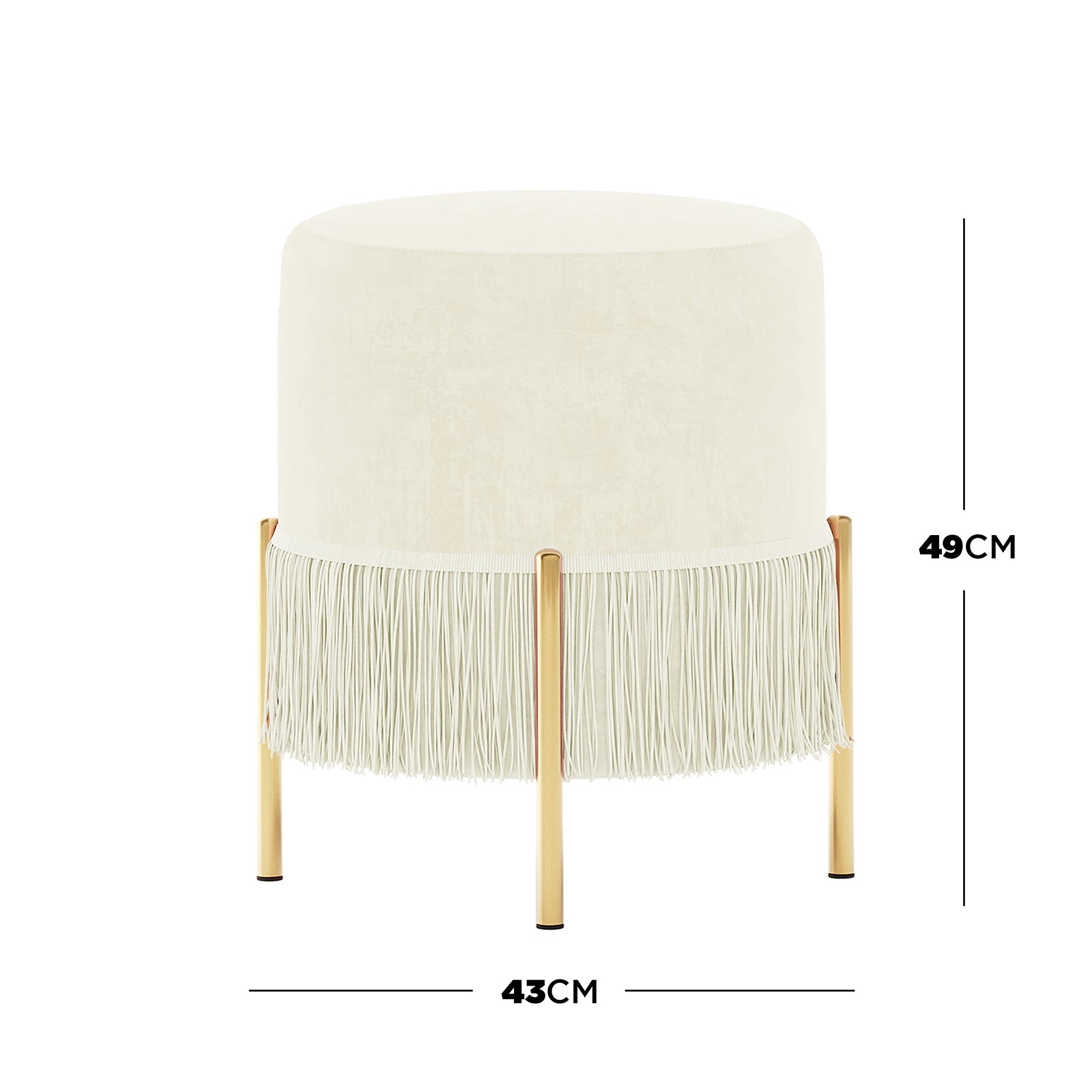 Stacey Tassled Velvet Foot Stool Ottoman in Cream features a round cream velvet top with fringe tassels, resting on four brushed-gold legs. Measures 49 cm tall and 43 cm diameter.