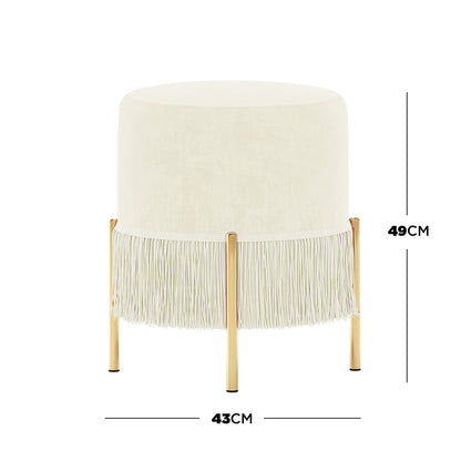 Stacey Tassled Velvet Foot Stool Ottoman in Cream features a round cream velvet top with fringe tassels, resting on four brushed-gold legs. Measures 49 cm tall and 43 cm diameter.