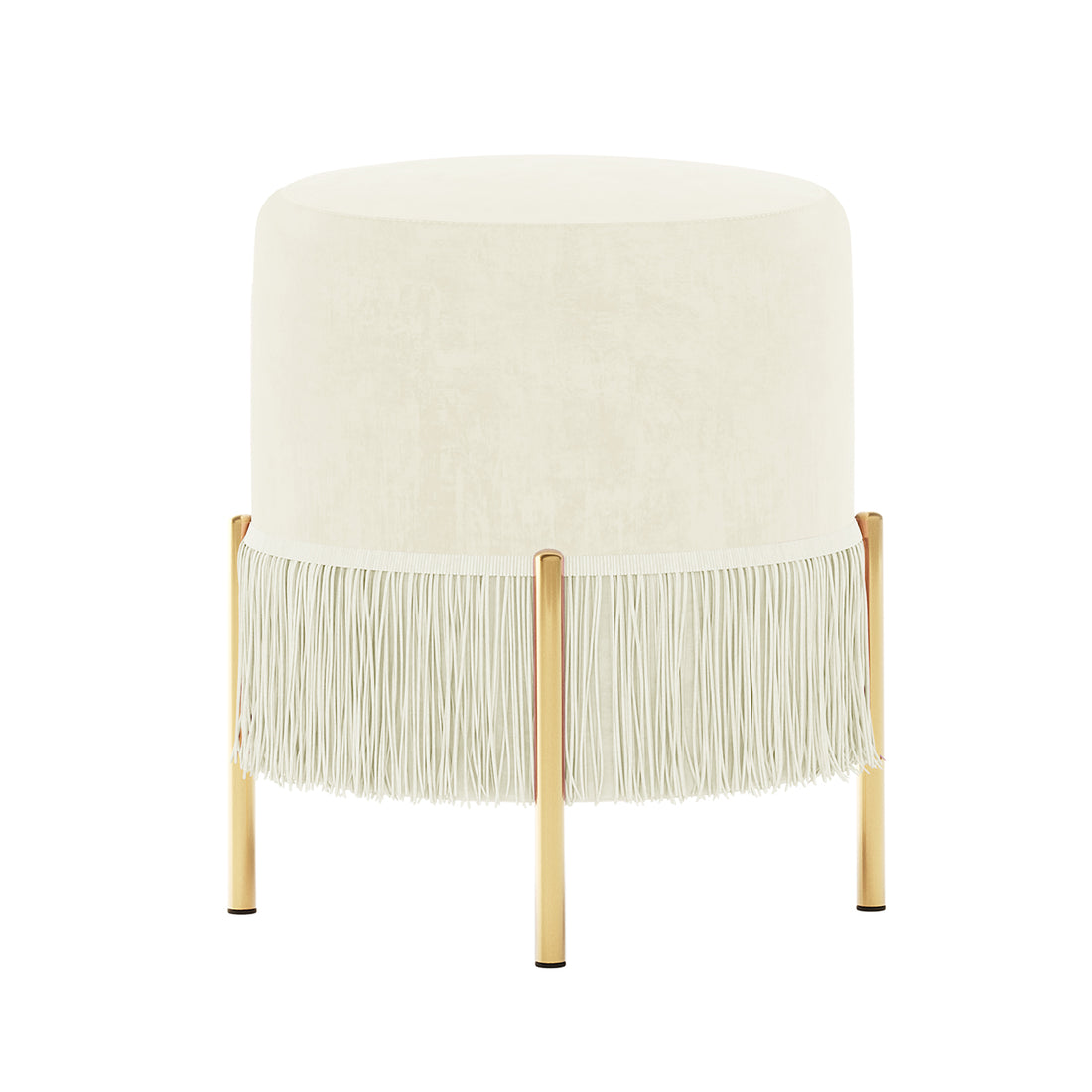 Stacey Tassled Velvet Foot Stool Ottoman in Cream features light-cream velvet upholstery, fringe trim, and gold-finished metal legs, offering a chic and elegant addition to any room.