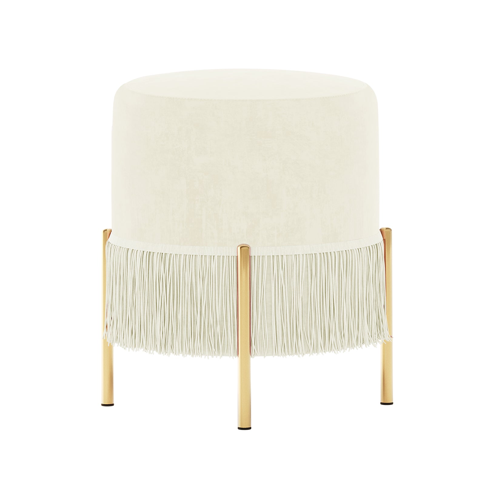 Stacey Tassled Velvet Foot Stool Ottoman in Cream features light-cream velvet upholstery, fringe trim, and gold-finished metal legs, offering a chic and elegant addition to any room.