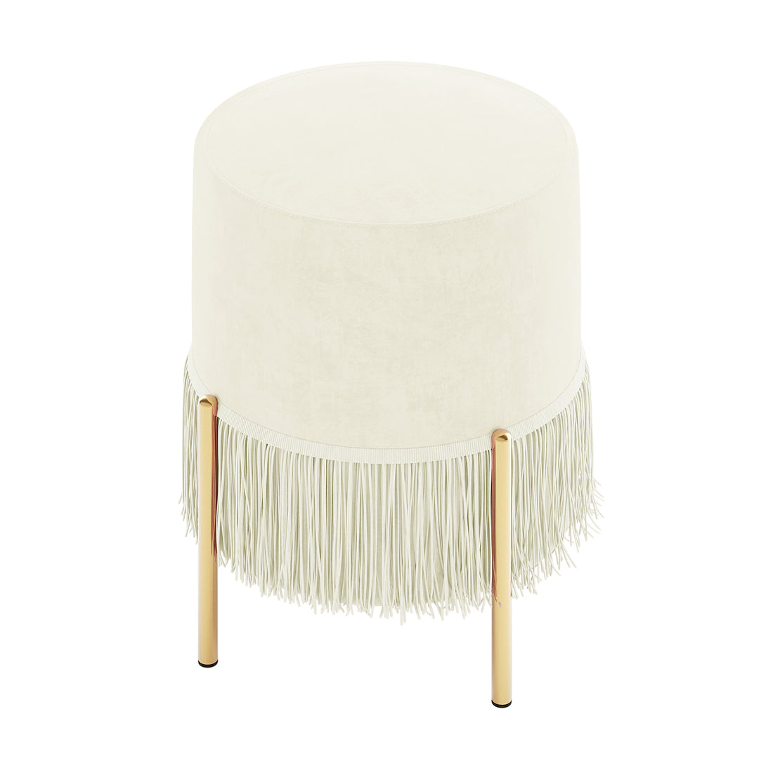 Stacey Tassled Velvet Foot Stool Ottoman in Cream, featuring a plush cream velvet top with fringe tassels and slim gold-tone legs, ideal for adding elegant comfort to any room.