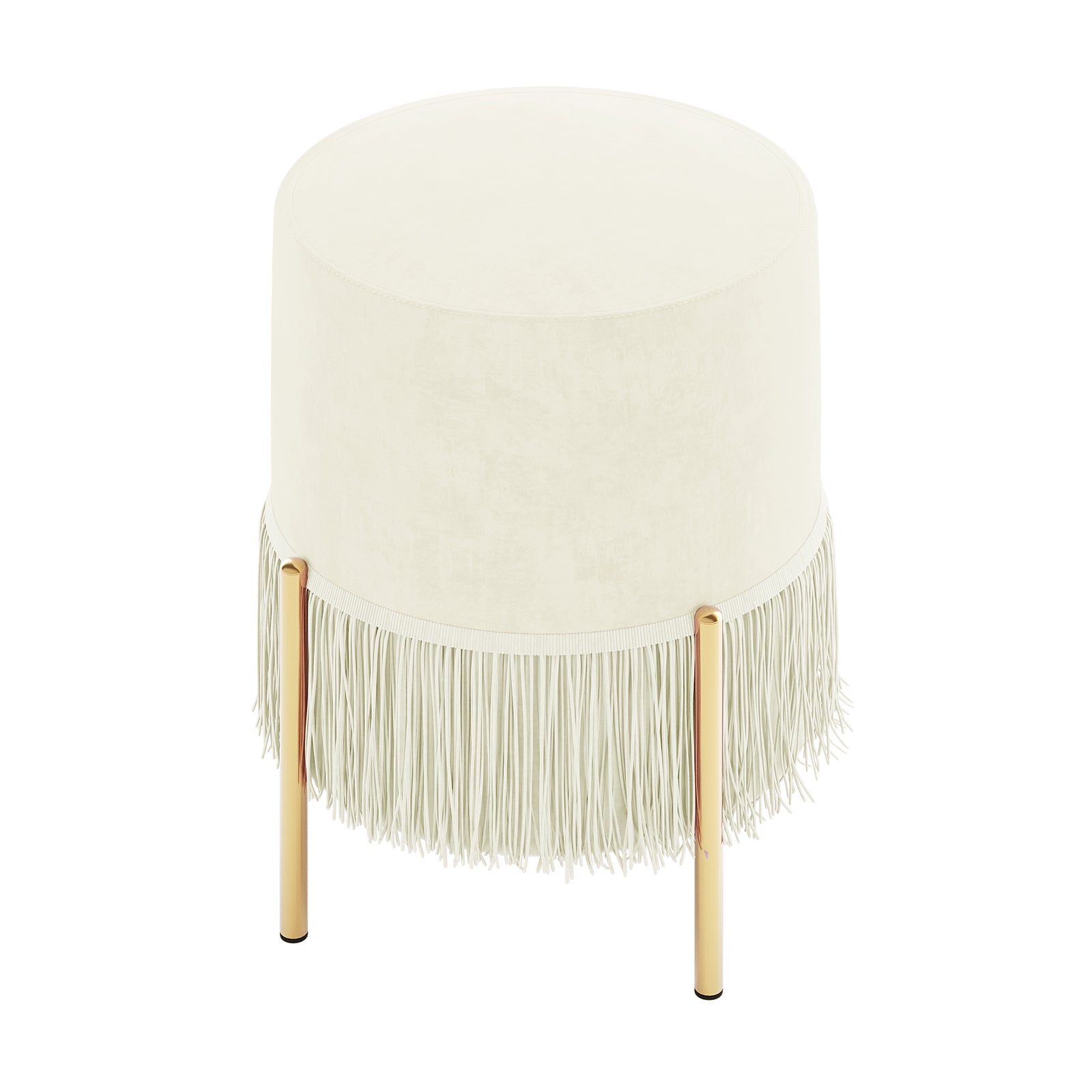 Stacey Tassled Velvet Foot Stool Ottoman in Cream, featuring a plush cream velvet top with fringe tassels and slim gold-tone legs, ideal for adding elegant comfort to any room.