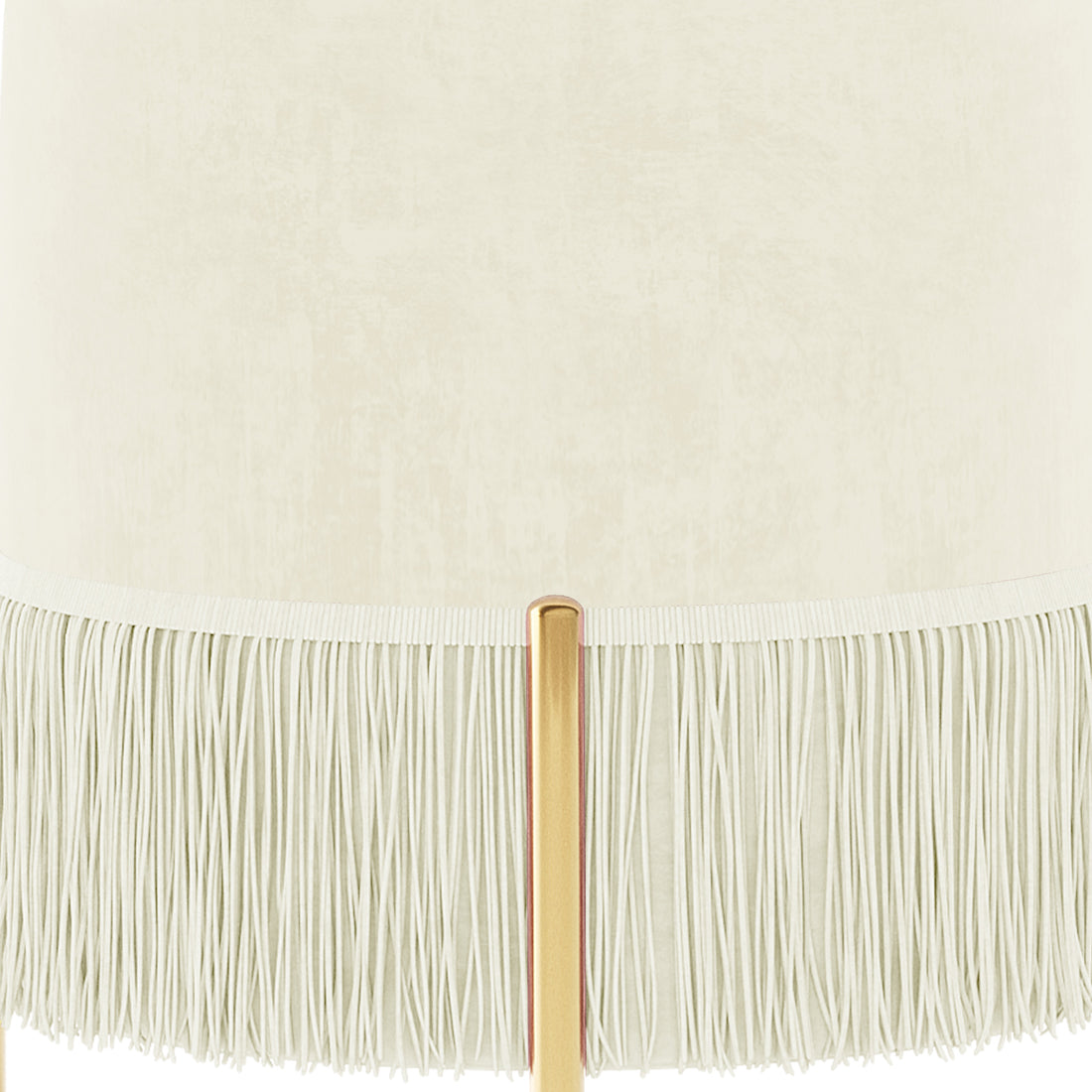 Stacey Tassled Velvet Foot Stool Ottoman in Cream features a close-up of its cream-colored lampshade-like fringe trim and a slender gold support piece, showcasing its elegant design and luxurious detail.