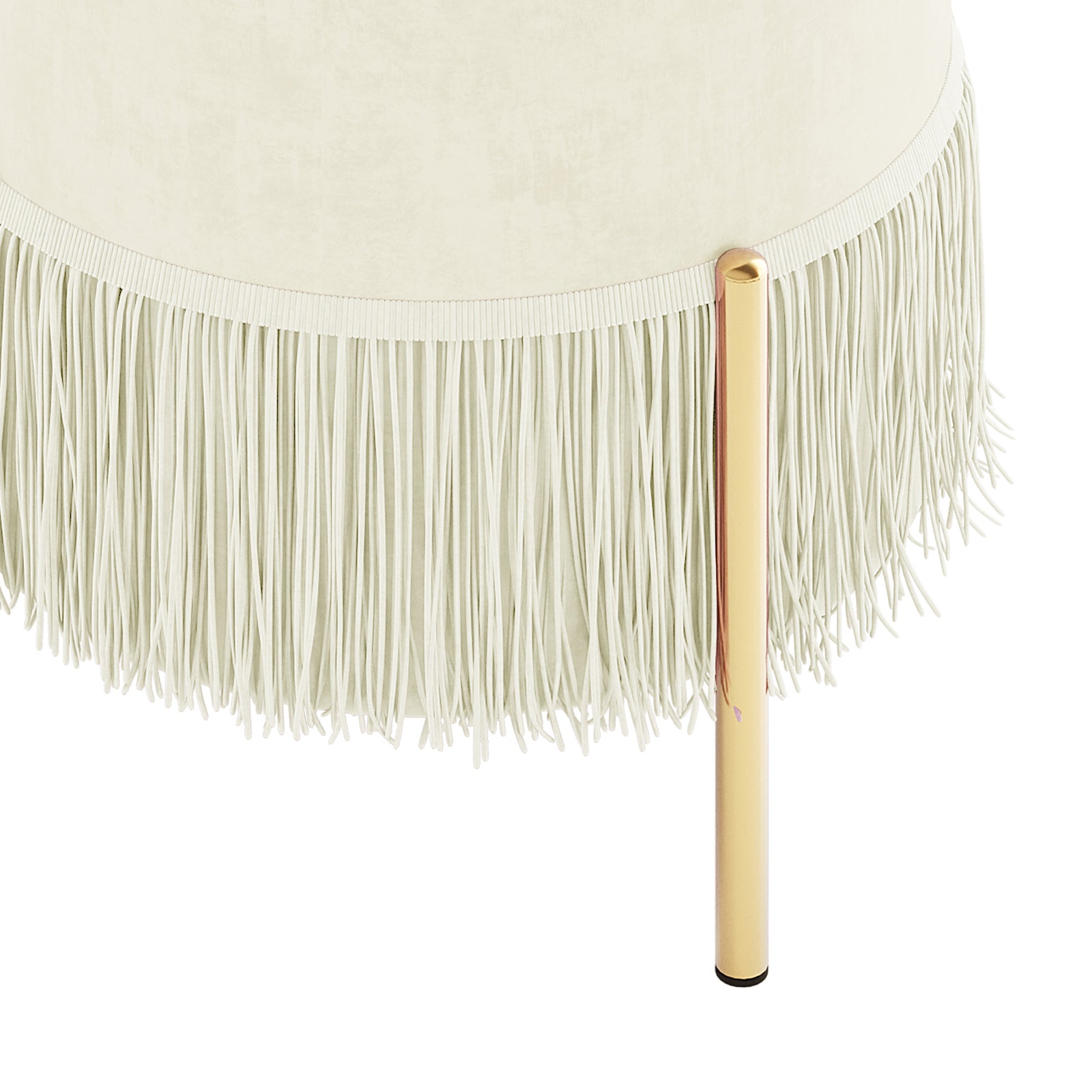 Stacey Tassled Velvet Foot Stool Ottoman in Cream, featuring a plush cream velvet body with fringe tassels and a polished gold-tone leg, ideal for elegant home décor enhancement.