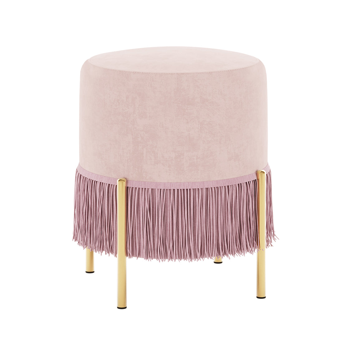 Stacey Velvet Foot Stool with Tassles in Light Pink features a round pale pink velvet upholstery, fringe trim at the base, and slender gold-finished legs, offering a stylish, elegant design.