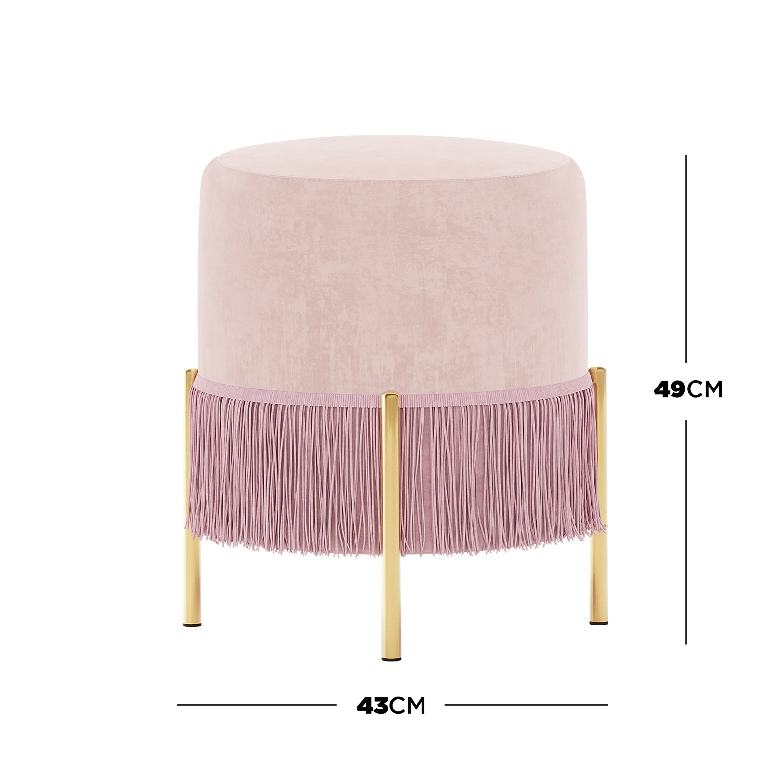 Stacey Velvet Foot Stool with Tassles in Light Pink features plush pink velvet upholstery, fringe trim, and slender gold-finished legs, measuring 43 cm diameter and 49 cm height.