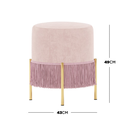 Stacey Velvet Foot Stool with Tassles in Light Pink features plush pink velvet upholstery, fringe trim, and slender gold-finished legs, measuring 43 cm diameter and 49 cm height.