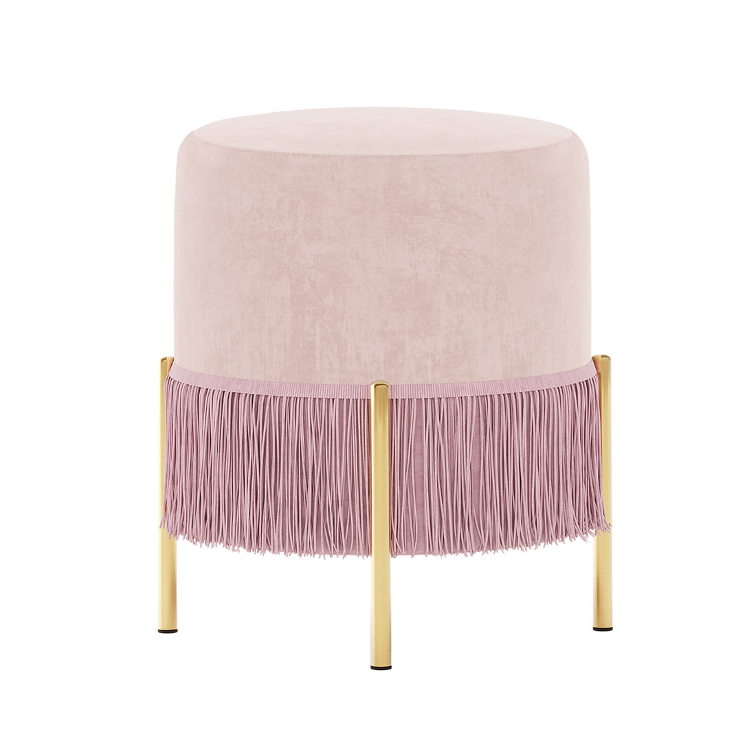 Stacey Velvet Foot Stool with Tassels in Light Pink features a blush-pink velvet round seat, fringe trim, and slender gold-tone legs, offering elegance and functionality for any living space.