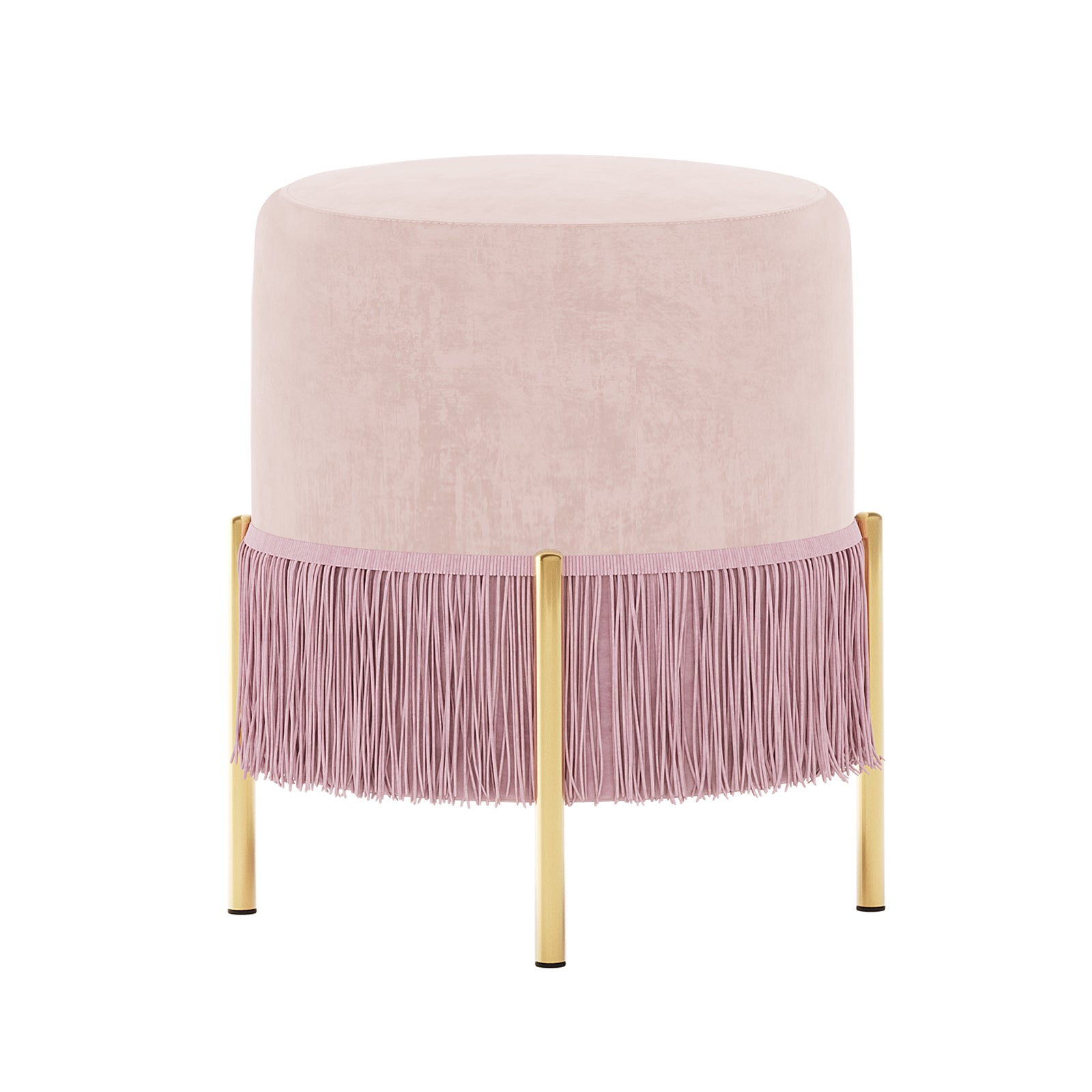 Stacey Velvet Foot Stool with Tassels in Light Pink features a blush-pink velvet round seat, fringe trim, and slender gold-tone legs, offering elegance and functionality for any living space.