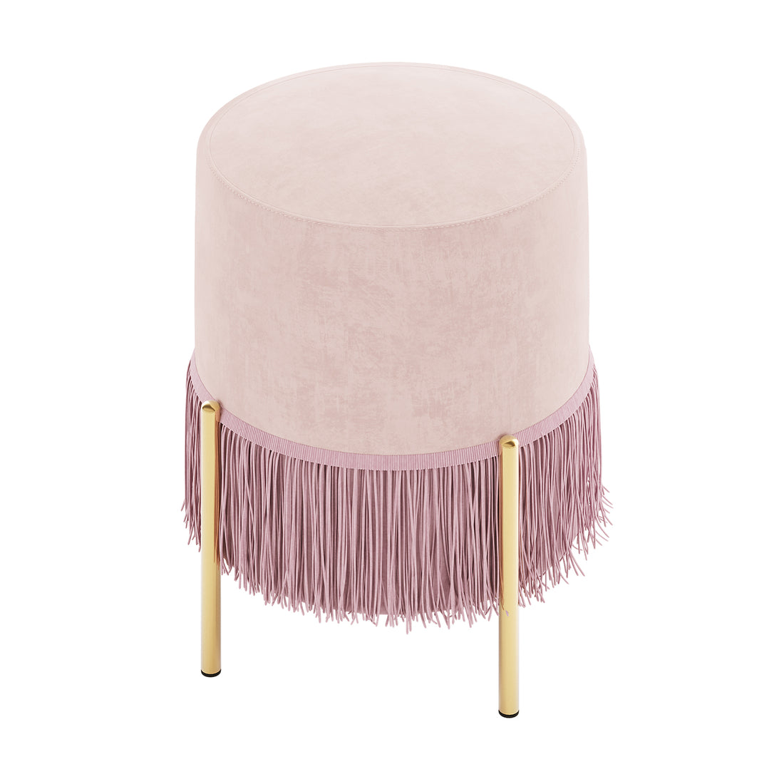 Stacey Velvet Foot Stool with Tassles in Light Pink, featuring blush-pink velvet upholstery, long fringe trim, and gold-tone metal legs, offering a stylish and functional accent for any room.