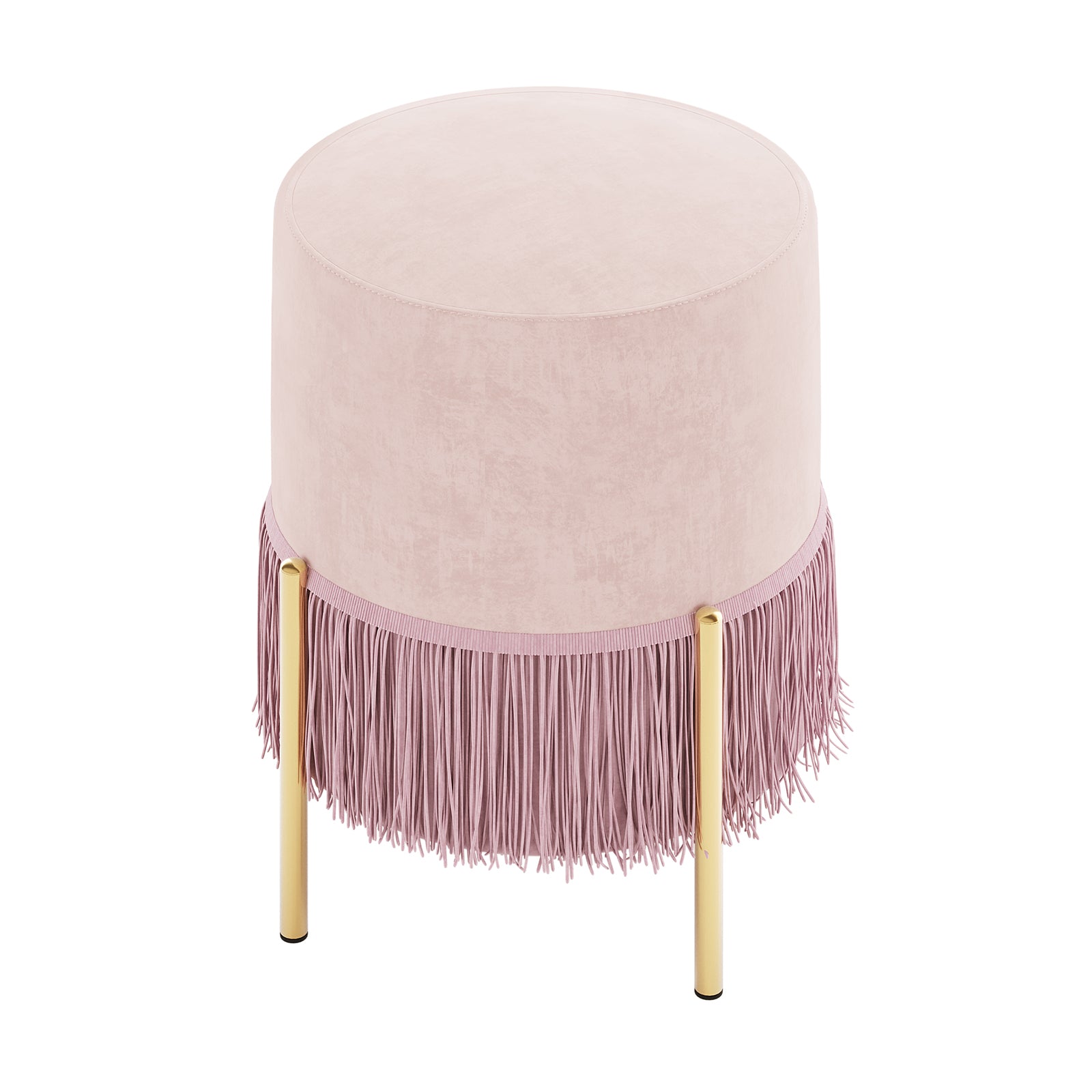 Stacey Velvet Foot Stool with Tassles in Light Pink, featuring blush-pink velvet upholstery, long fringe trim, and gold-tone metal legs, offering a stylish and functional accent for any room.