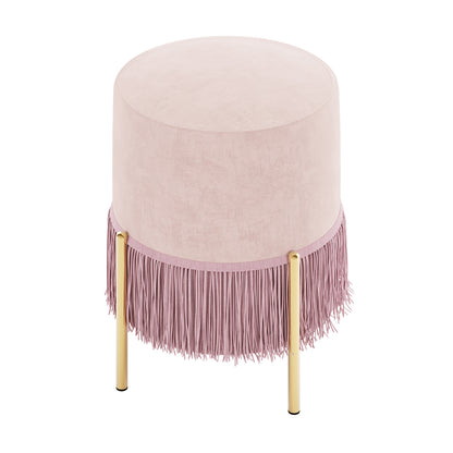 Stacey Velvet Foot Stool with Tassles in Light Pink, featuring blush-pink velvet upholstery, long fringe trim, and gold-tone metal legs, offering a stylish and functional accent for any room.