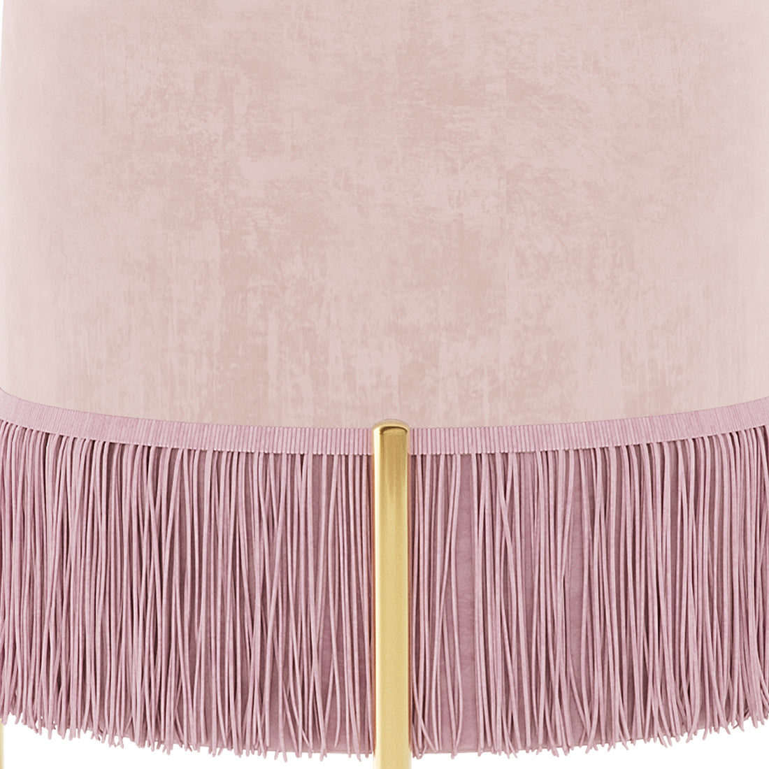 Stacey Velvet Foot Stool with Tassels in Light Pink features a dusty-pink fabric shade with matching fringe, supported by a slim brass rod underneath, showcasing elegance and functionality.