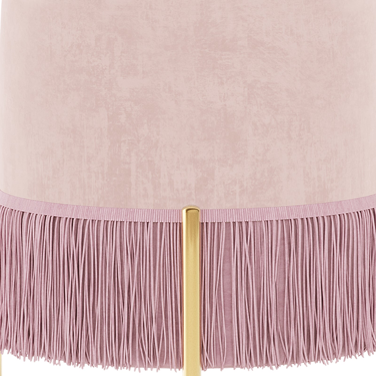 Stacey Velvet Foot Stool with Tassels in Light Pink features a dusty-pink fabric shade with matching fringe, supported by a slim brass rod underneath, showcasing elegance and functionality.