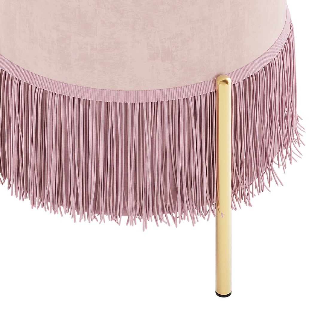 Stacey Velvet Foot Stool with Tassels in Light Pink, showcasing dusty-rose velvet upholstery with fringe trim on a sleek gold-metal leg, highlighting its elegant design and plush texture.