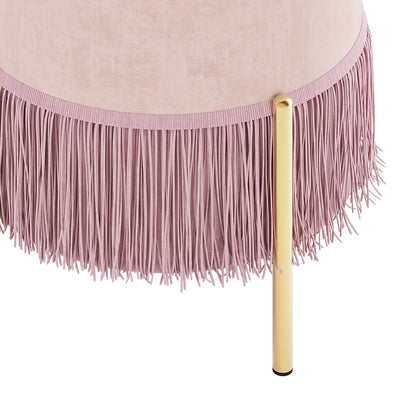 Stacey Velvet Foot Stool with Tassels in Light Pink, showcasing dusty-rose velvet upholstery with fringe trim on a sleek gold-metal leg, highlighting its elegant design and plush texture.