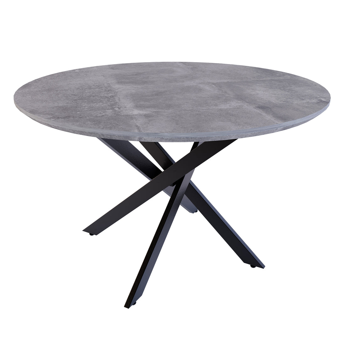 Stoten Round Dining Table Concrete with a round top and black powder-coated legs, showcasing a modern design. The table comfortably seats four, ideal for versatile dining and functional use.