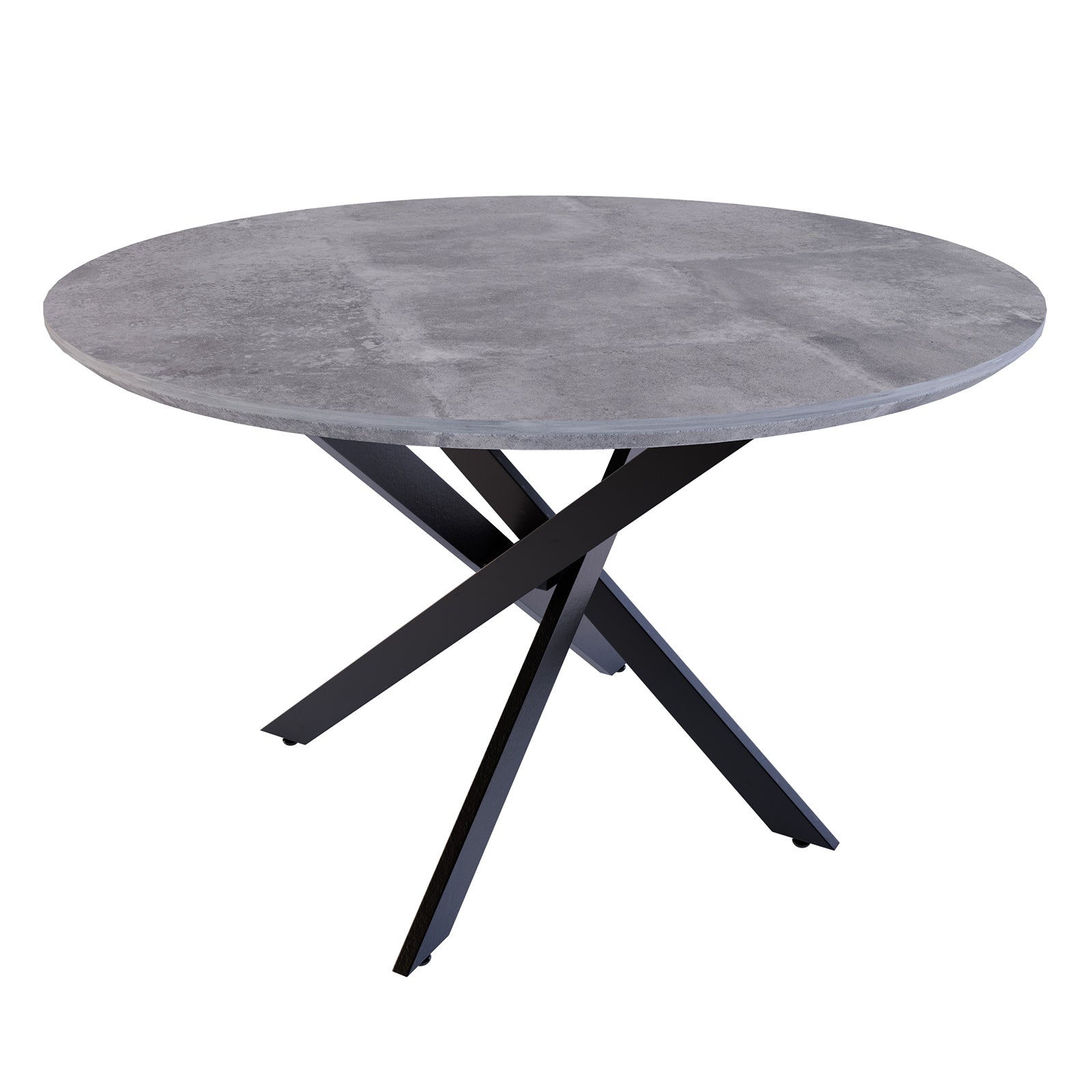 Stoten Round Dining Table Concrete with a round top and black powder-coated legs, showcasing a modern design. The table comfortably seats four, ideal for versatile dining and functional use.
