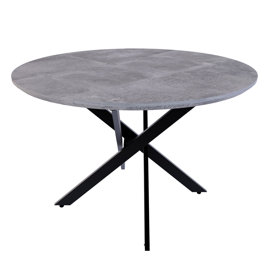 Stoten Round Dining Table Concrete features a sleek round top with a black base, showcasing a modern design with powder-coated metal legs that taper outward, ideal for stylish dining spaces.