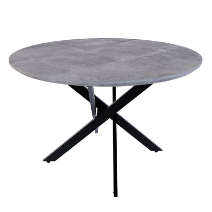 Stoten Round Dining Table Concrete features a sleek round top with a black base, showcasing a modern design with powder-coated metal legs that taper outward, ideal for stylish dining spaces.