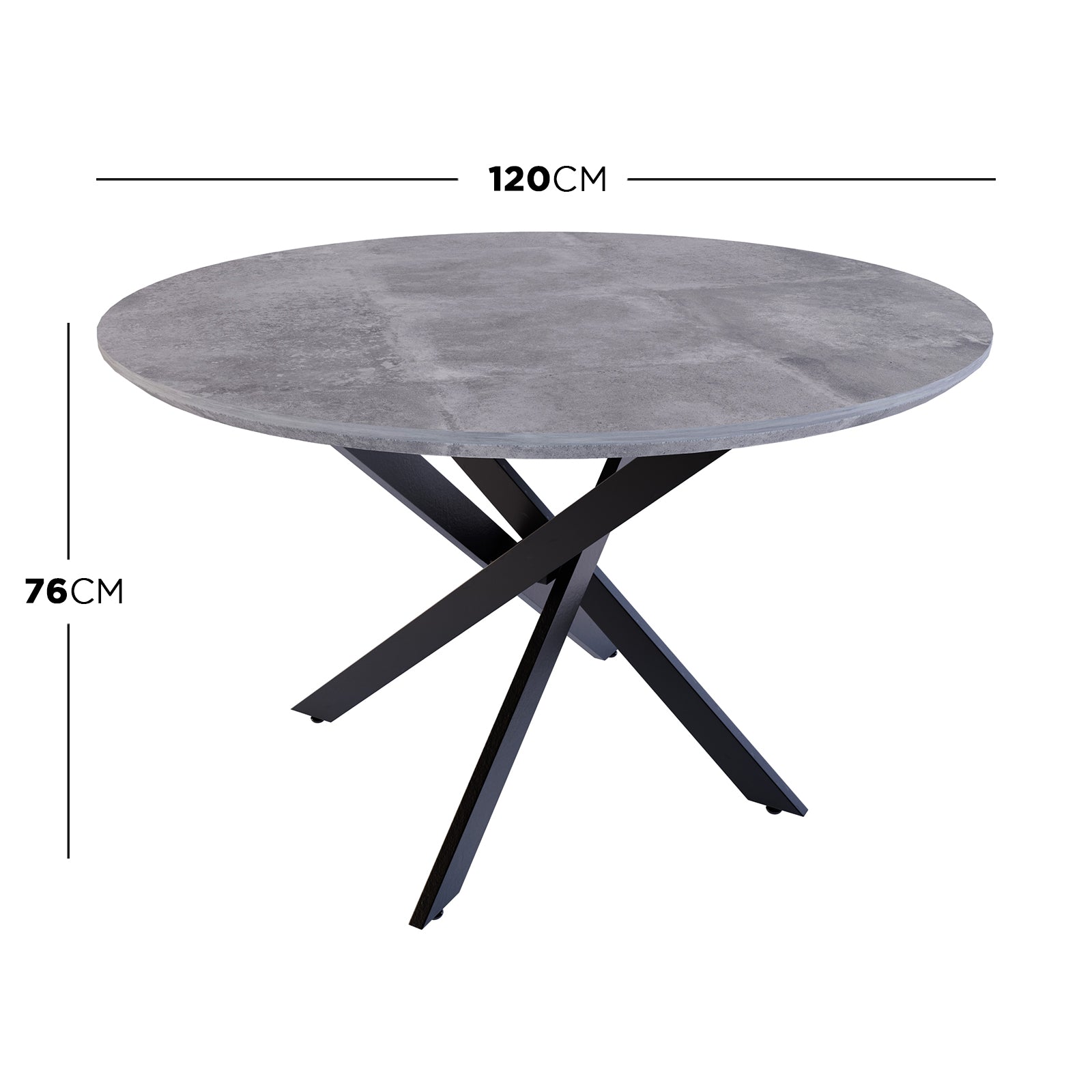 Stoten Round Dining Table Concrete features a round top with a concrete finish and black powder-coated legs that cross and taper outward, creating a modern, sturdy design ideal for various settings.