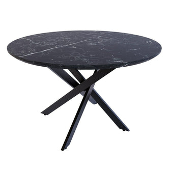 Stoten Round Dining Table Black Marble, featuring a striking black marble top with white veins and sleek black metal legs that taper outward, creating a modern, balanced look.