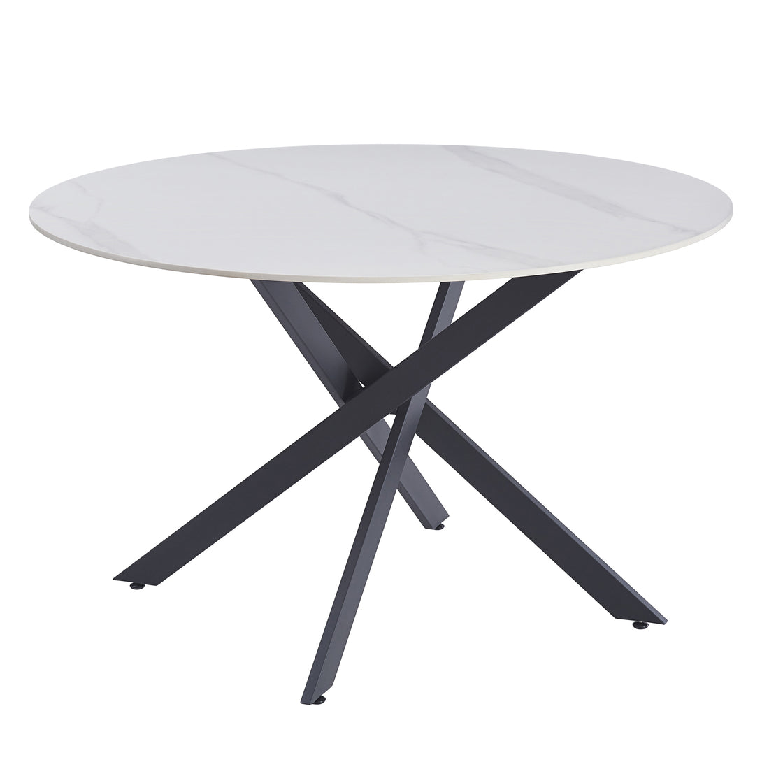 Stoten Round Dining Table White Marble features a sleek, marble-effect tabletop with intersecting black metal legs forming a crisscross base, highlighting a modern, sturdy design for stylish dining spaces.