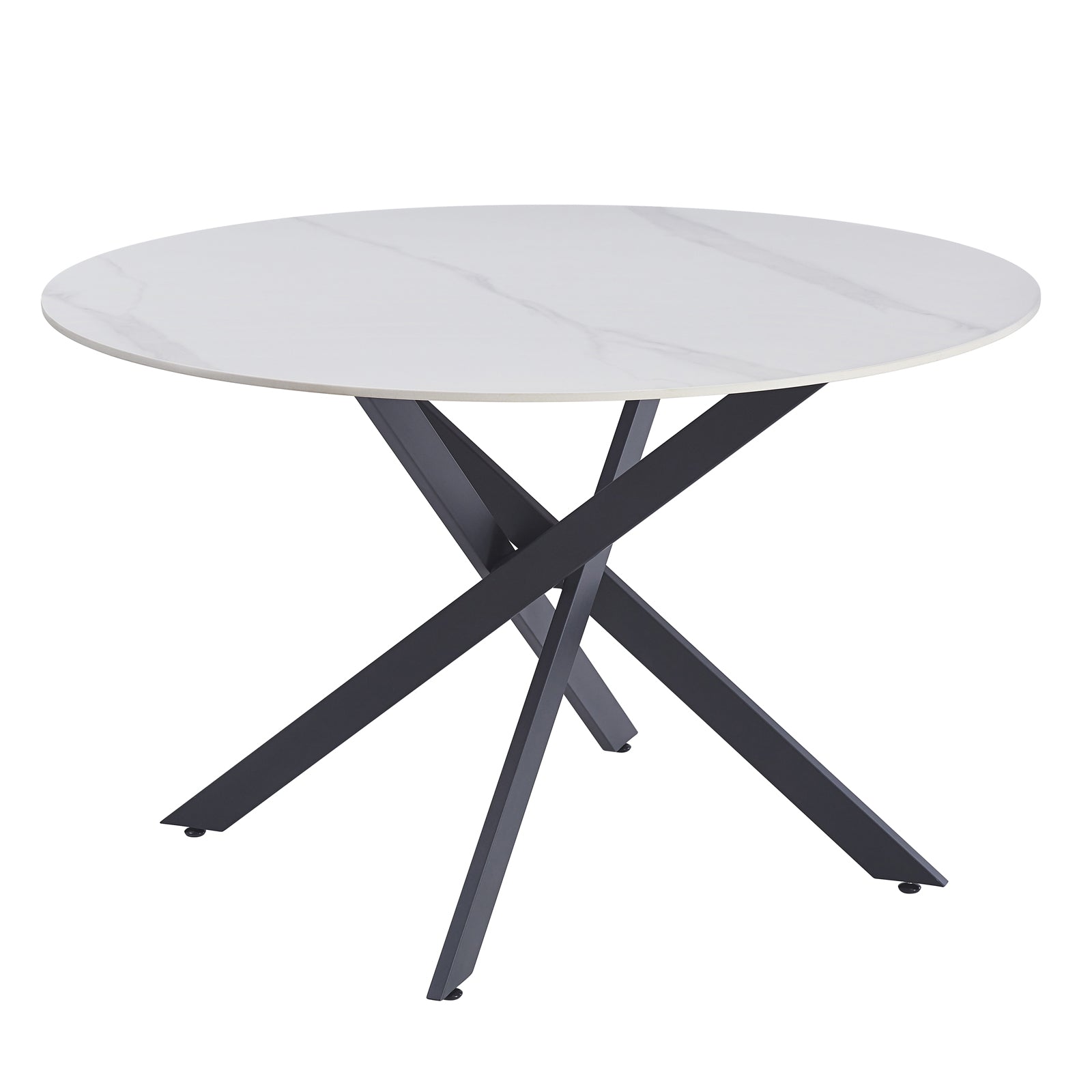 Stoten Round Dining Table White Marble features a sleek, marble-effect tabletop with intersecting black metal legs forming a crisscross base, highlighting a modern, sturdy design for stylish dining spaces.