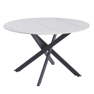 Stoten Round Dining Table White Marble features a sleek, marble-effect tabletop with intersecting black metal legs forming a crisscross base, highlighting a modern, sturdy design for stylish dining spaces.