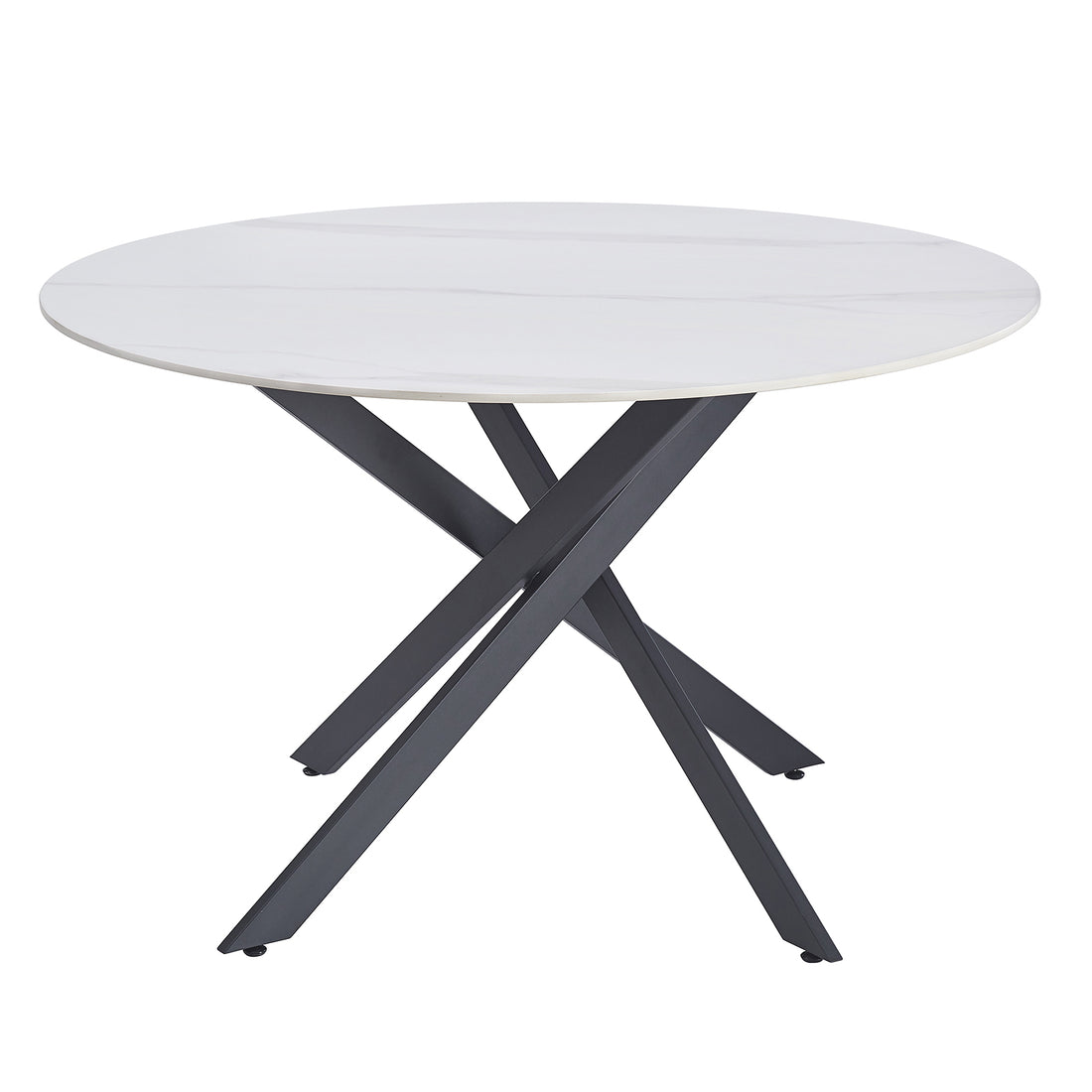 Stoten Round Dining Table White Marble with a sleek, marble-style top and intersecting black metal X-shaped legs, showcasing a modern design that seats four, ideal for contemporary dining spaces.