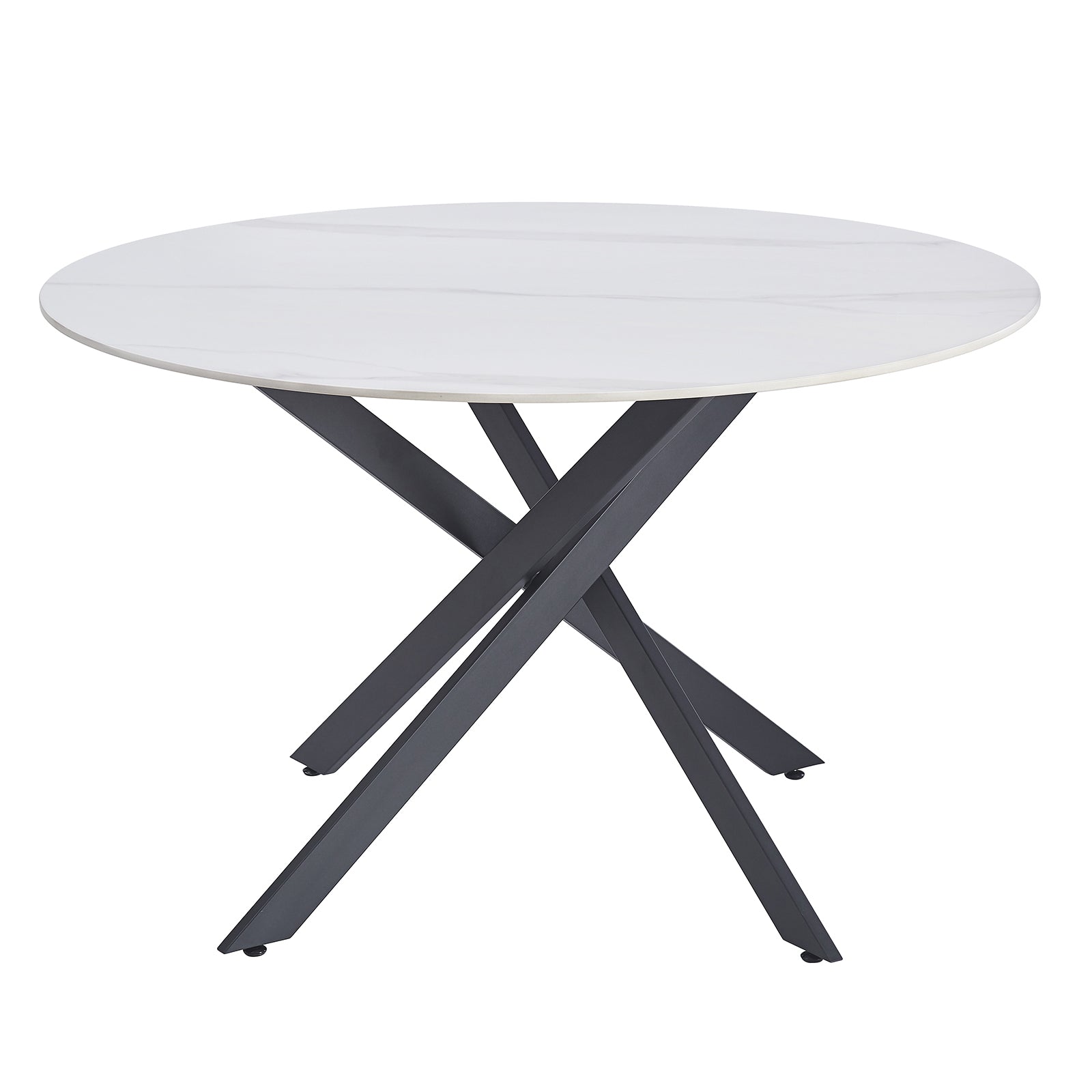 Stoten Round Dining Table White Marble with a sleek, marble-style top and intersecting black metal X-shaped legs, showcasing a modern design that seats four, ideal for contemporary dining spaces.