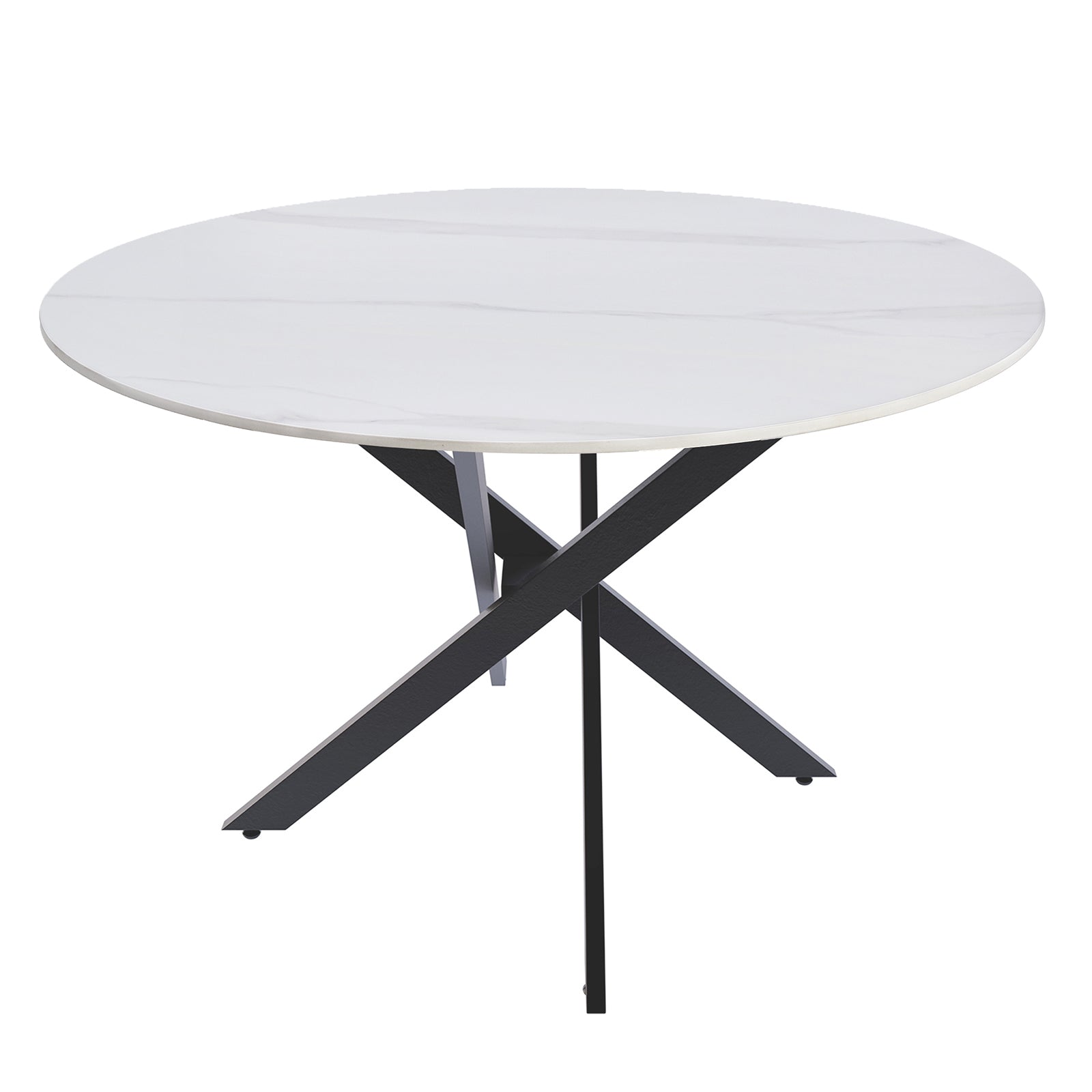 Stoten Round Dining Table White Marble features a sleek, light marble-style round top with a sturdy angular X-shaped black metal base, showcasing a modern design ideal for stylish dining spaces.