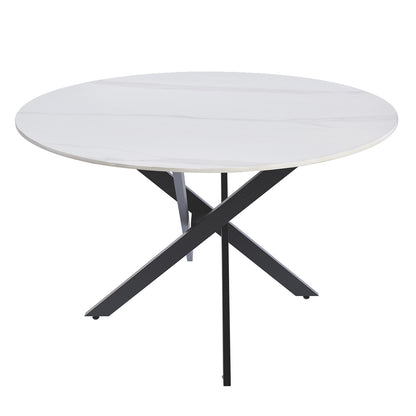 Stoten Round Dining Table White Marble features a sleek, light marble-style round top with a sturdy angular X-shaped black metal base, showcasing a modern design ideal for stylish dining spaces.