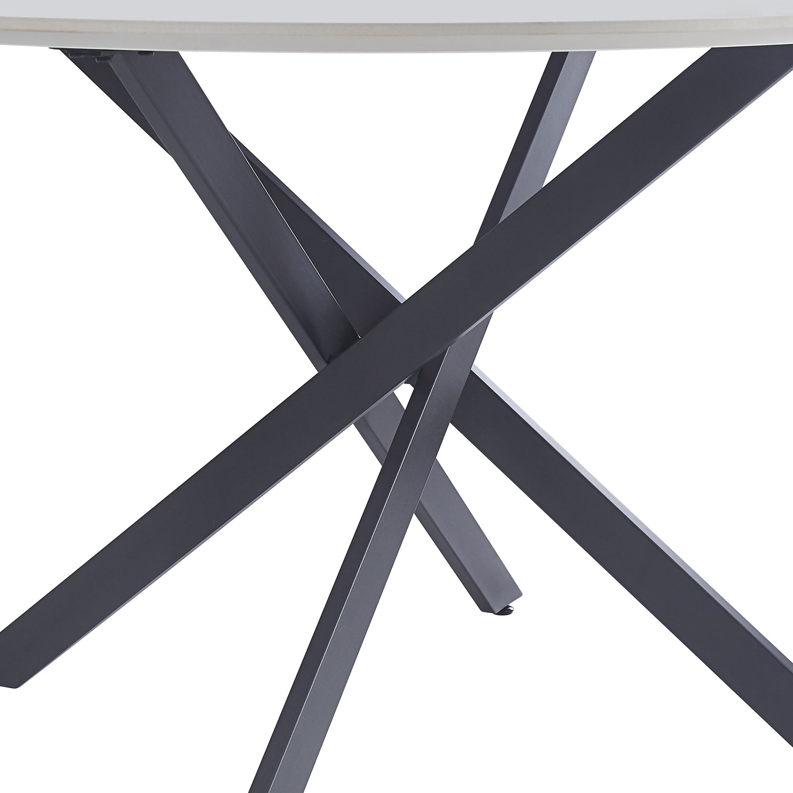 Stoten Round Dining Table White Marble features intersecting dark gray metal legs supporting a sleek white tabletop, highlighting modern elegance and functionality.