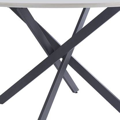 Stoten Round Dining Table White Marble features intersecting dark gray metal legs supporting a sleek white tabletop, highlighting modern elegance and functionality.