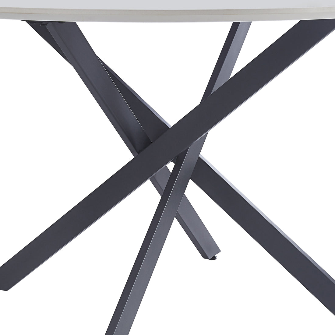 Stoten Round Dining Table White Marble features a sturdy metal frame with black powder-coated “X” legs visible beneath a light-colored tabletop, emphasizing modern, elegant design with robust support.