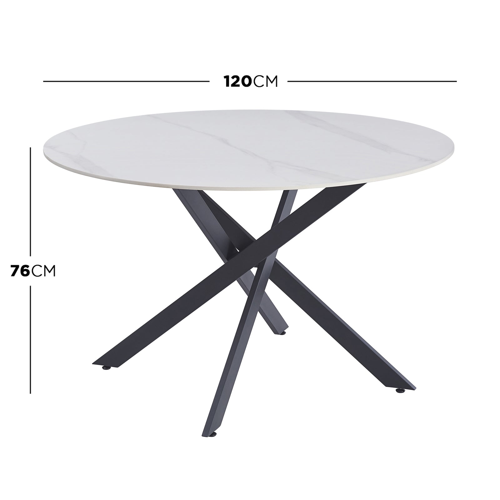 Stoten Round Dining Table White Marble features a round faux-marble top with a 120 cm diameter, supported by a black crisscross metal base, combining modern elegance and functionality.